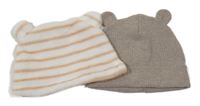 2x - Čepice s oušky - Bílo/světlehnědá pruhovaná plyšová, kávová melírovaná žebrovaná H&M