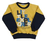 Hořčicovo-tmavomodrá mikina s nápisem