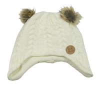 Smetanová pletená čepice s bambulemi a nášivkou