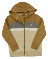 Hnědo-béžovo-šedá propínací mikina s výšivkou a kapucí George