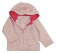 Růžová chlupatá propínací mikina s kapucí s oušky