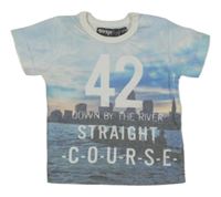 Světlemodro-černé tričko s mrakodrapy a číslem Feetje