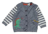 Modro-bílý melírovaný propínací lehký svetr s pruhovanými rukávy a dinosaury Bluezoo