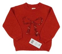Nové - červený třpytivý svetr s mašličkou z flitrů F&F
