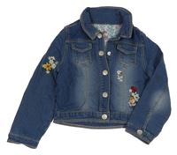 Tmavomodrá teplákové riflová crop bunda s výšivkami květů Nutmeg