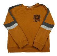 Hnědá mikina s šedým pruhem a tygrem H&M