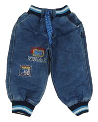 Modré lehké cuff rifle s výšivkami a úpletovým pasem 