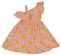 Bílo-růžovo-oranžové květované plátěné šaty s volánkem 