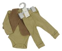 Nové - 3 set - khaki žebrované body + tepláky + hnědá huňatá podšitá vesta M&S