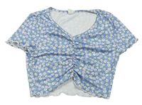 Modré květované žebrované crop tričko Shein
