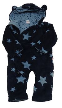 Tmavomodrá plyšová zateplená kombinéza s hvězdami a kapucí 