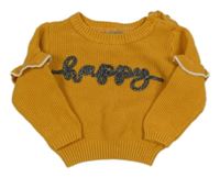 Hořčicový svetr s volánky a nápisem Primark