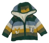 Zeleno-modro-bílo-hořčicový pruhovaný propínací zateplený svetr s kapucí a zvířátky Nutmeg