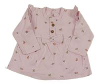 Růžová žebrovaná květovaná tunika s mašlí 