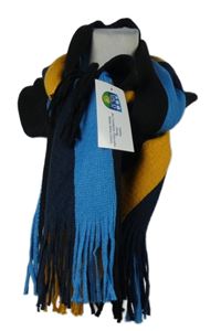 Nové - Dámská modro-oranžovo-tmavomodrá pruhovaná šála s třásněmi 