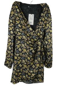 Nové - Dámské černo-žluté květované saténové šaty s páskem Zara 