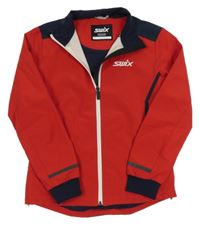 Červeno-tmavomodrá šusťáková bunda s nápisem 