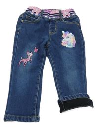 Tmavomodré teplé rifle s jednorožcem a úpletovým pasem 