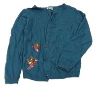 Petrolejvoý propínací svetr s kolibříky a flitry