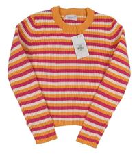 Bílo-růžovo-oranžové pruhované žinylkové crop triko Primark