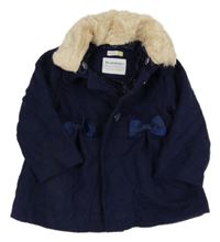 Tmavomodrý vzorovaný vlněný podšitý kabát s mašlemi a kožešinou John Lewis