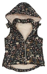 Antracitová vzorovaná šusťáková zateplená vesta s listy, veverkami a kapucí H&M