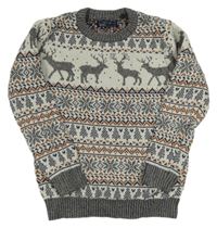 Bílo-šedo-melírovaný svetr se soby a norským vzorem Next