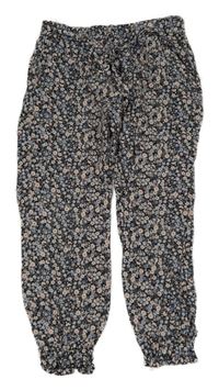 Černo-světlemodro-růžové květované volné kalhoty Primark