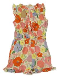 Nové - Béžovo-barevný květovaný kraťasový overal Mini Boden