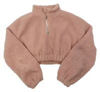 Růžová huňatá podšitá crop bunda se stojáčkem Shein