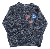 Tmavomodrý melírovaný svetr s nášivkami Papagino 