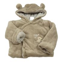 Béžový chlupatý zateplený kabátek s medvídkem a kapucí 