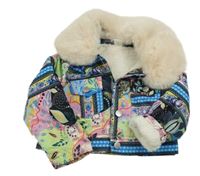 Barevná vzorovaná šusťáková zateplená crop bunda s kožešinovým límečkem SHEIN