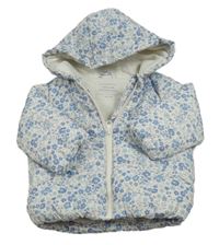 Bílo-modrá kytičkovaná prošívaná šusťáková zimní bunda s kapucí PRIMARK