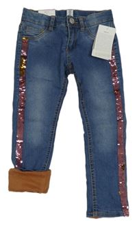 Nové - modré slim teplákové thermo rifle s pruhem z překlápěcích flitrů dopodopo