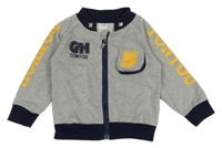 Šedo-tmavomodrá melírovaná propínací mikina s číslem a nápisy