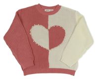 Růžovo-bílý žebrovaný pletený svetr se srdíčkem s perlami SHEIN