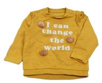 Okrová mikina s nápisy a bambulkami a volánky C&A