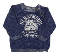 Tmavomodrý melírovaný svetr s buldokem a nápisy H&M