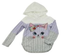 Fialovo-šedo-bílá žebrovaná úpletová mikina s kočičkou a kapucí