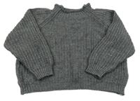 Tmavošedý melírovaný žebrovaný pletený oversize crop svetr