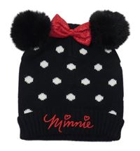 Černá puntíkatá pletená čepice s mašlí a bambulemi - Minnie Disney