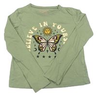 Zelené crop triko s nápisy a motýlem Primark