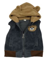 Antracitovo-hnědá sametovo/chlupatá vesta s medvědem a kapucí