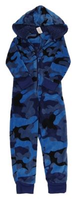 Modrá army chlupatá kombinéza s kapucí Peacocks