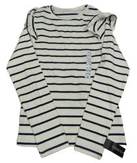 Nové - Smetanovo-tmavomodré pruhované žebrované triko s volánky Dunnes