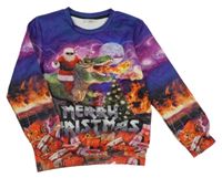 Fialovo-barevná mikina se Santou a dinosaurem