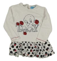 Bílá teplákovo/bavlněná šatová tunika s Tweetym a puntíky