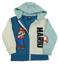 Petrolejovo-smetanovo-světlemodrá propínací mikina s Mariem a kapucí M&S