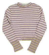 Bílo-limetkovo-tmavomodré pruhované žebrované crop triko H&M